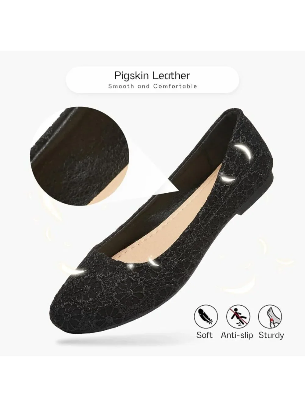 Women's Dark Black Shoes Round Toe Shoes Lace Ballet Flats Dressy Comfortable